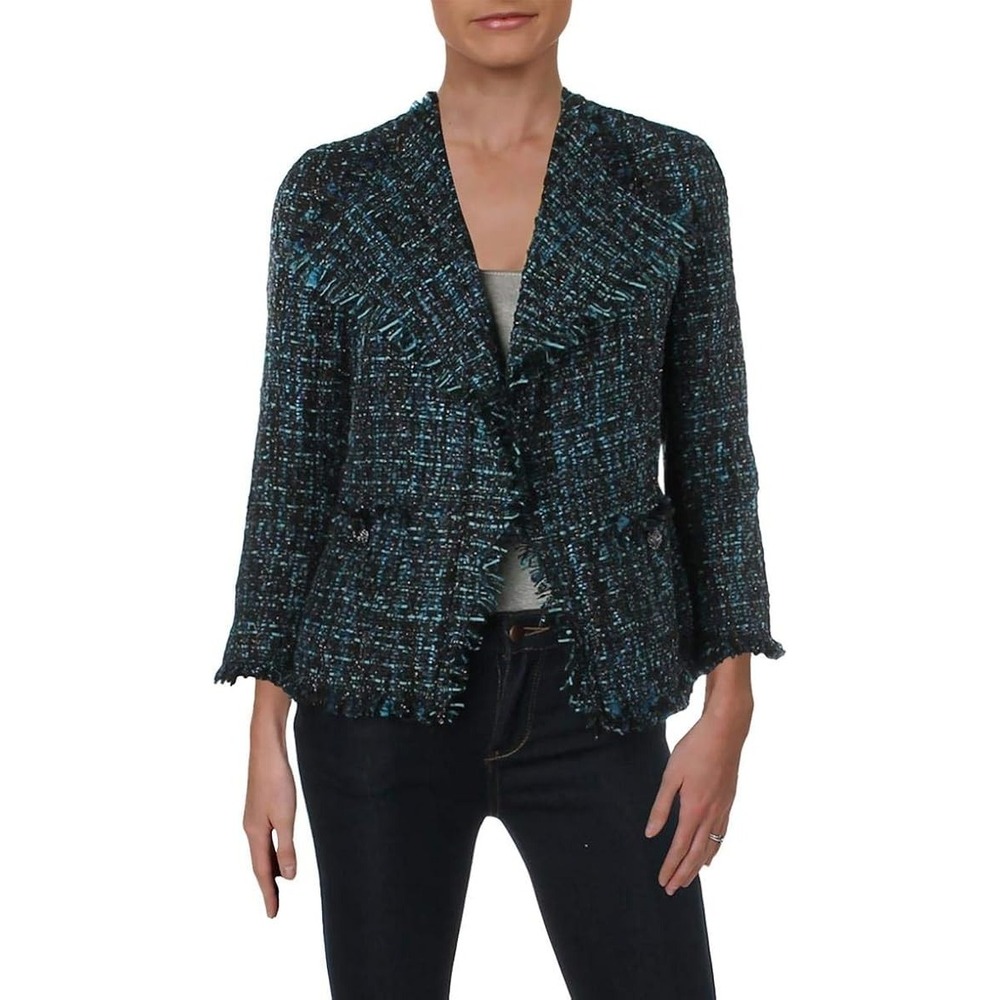 Anne Klein Tweed Fringe Open Front Lined Jacket Blazer Career Dressy NWT Sz 16